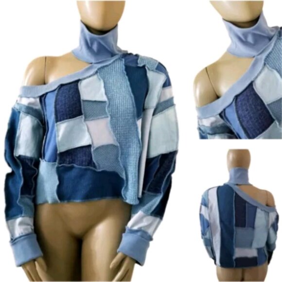 AKIRA 2-Pc Set Off Shoulder Sweater Top & Joggers Denim Patchwork 2X Blue - Picture 3 of 11